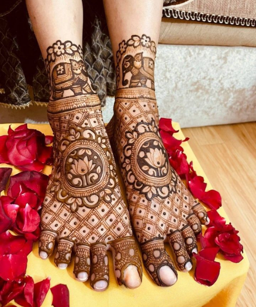 Indian Style Mehndi with Lotus and Elephant Motif with Net pattern