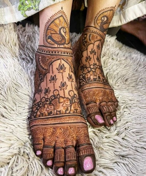 Foot Mehndi Design with Peacock, elephant and lotus Motifs