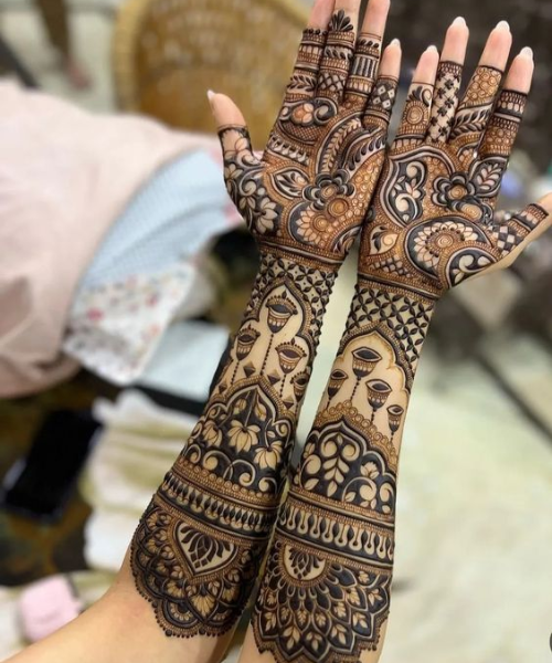 Full Hand Mehndi with Bell and Floral Motifs