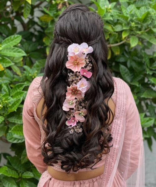 Jada with white and pink flowers on half open hair