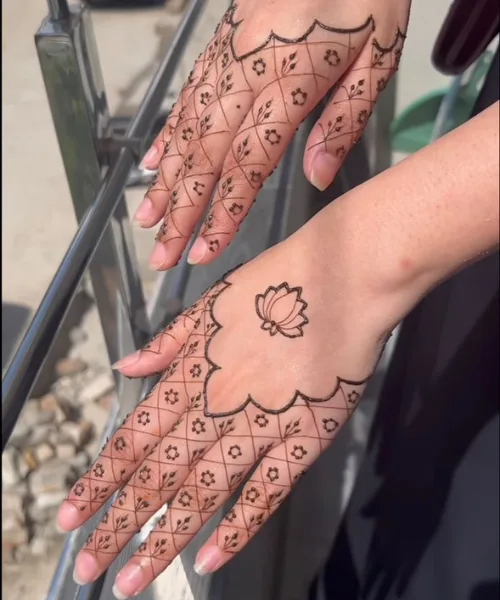 Back Hand Mehndi with Lotus, small flowers and Net Pattern