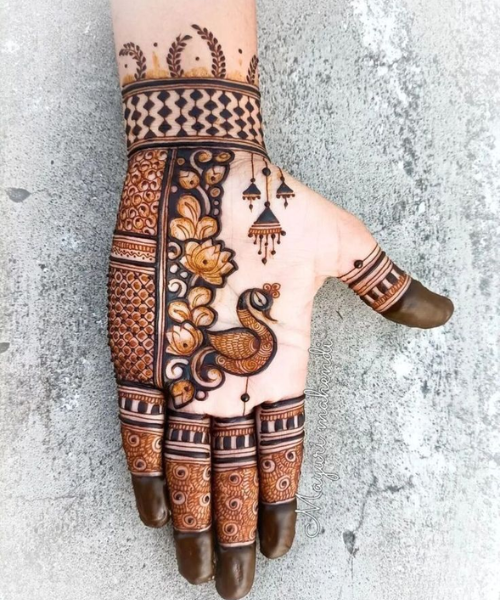 Rajasthani Bridal Mehndi Design with Peacock, Lotus Motifs