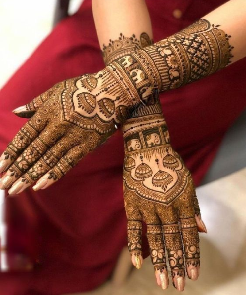 Fine mehndi design with ornament and elephant motif