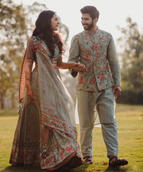 Nehru Jacket with Floral Pattern matching with bride