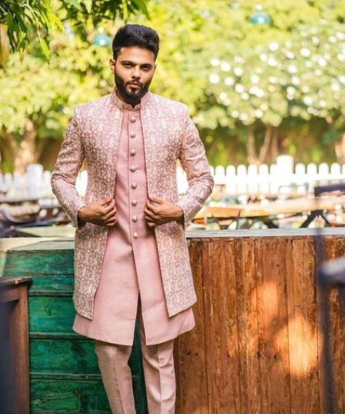 Peach-Pink Pastel coloured kurta and sherwani