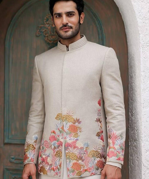 White Coloured Sherwani with Modern Flower Embroidery