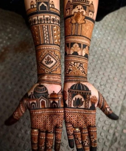 Mehndi design with palace and lotus design