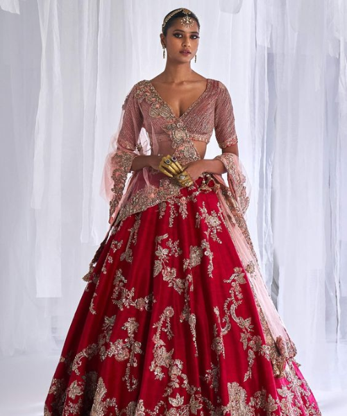 Blush pink blouse with red lehenga, floral gold embroidery