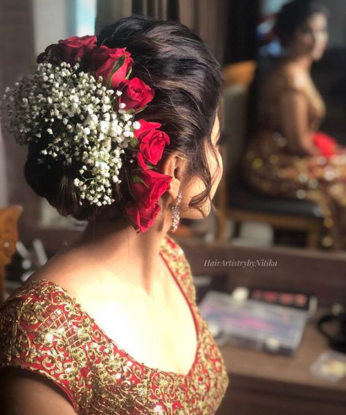 Romantic Bun with Red Roses and Baby's Breath Flower