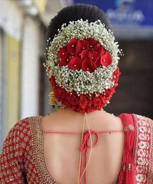 Red and White Floral Bridal Sleek Bun