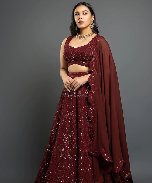 Maroon Embroidered Lehenga Set Design by Shahmeen Husain