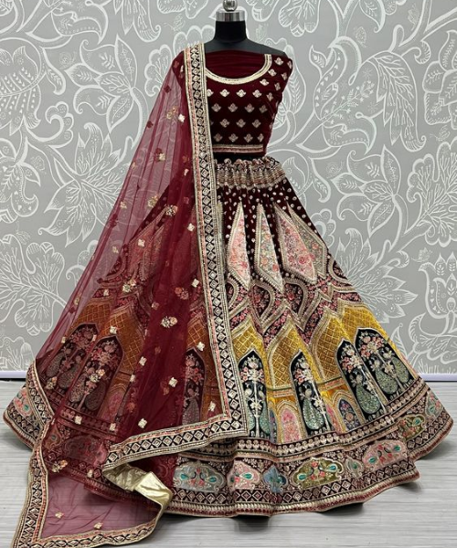 Maroon lehenga with multicolor arches and intricate motifs, rich traditional design