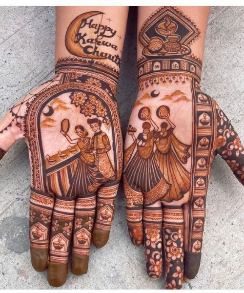 Karwa Chauth Mehndi with Detailed Ritual Scenes and Festive Motifs