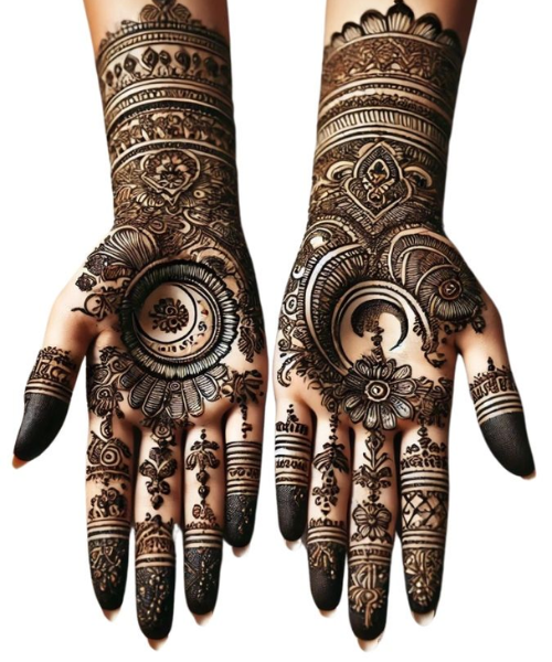 Mehndi with Circular Floral and Crescent Moon Patterns