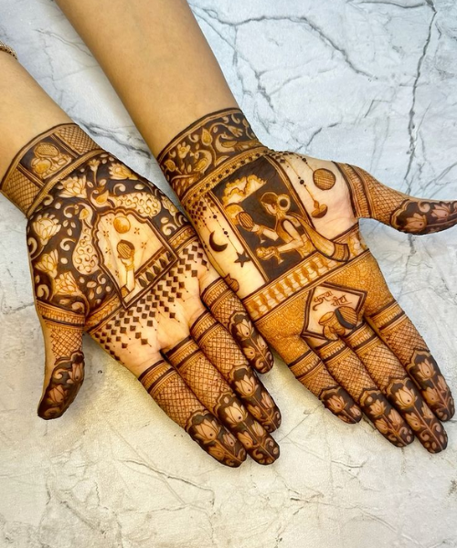 Mehndi with Ritual Scenes and Geometric Detailing