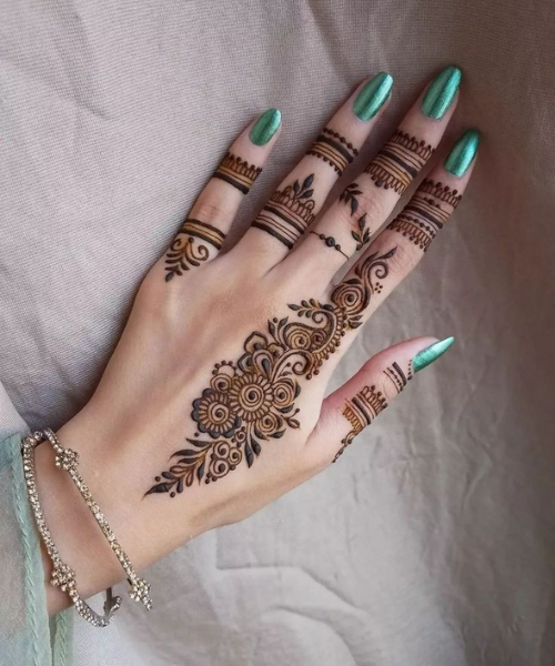 Mehndi with Intricate Finger Bands and Floral Motif