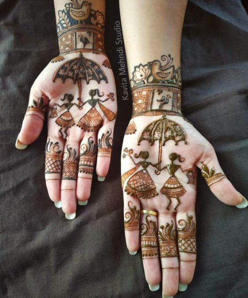 Mehndi Design with dancing figures showing sisters