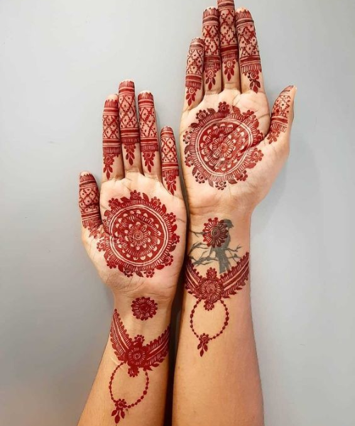 Minimalistic circular mandala navatri mehndi design with detailed finger