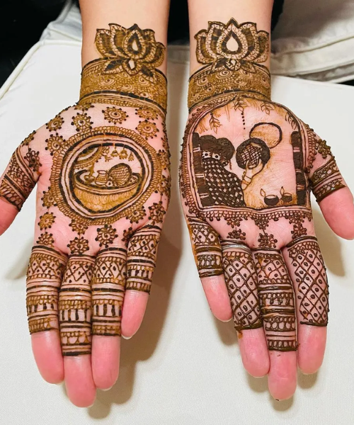 Flower mehndi with karwa chauth motifs