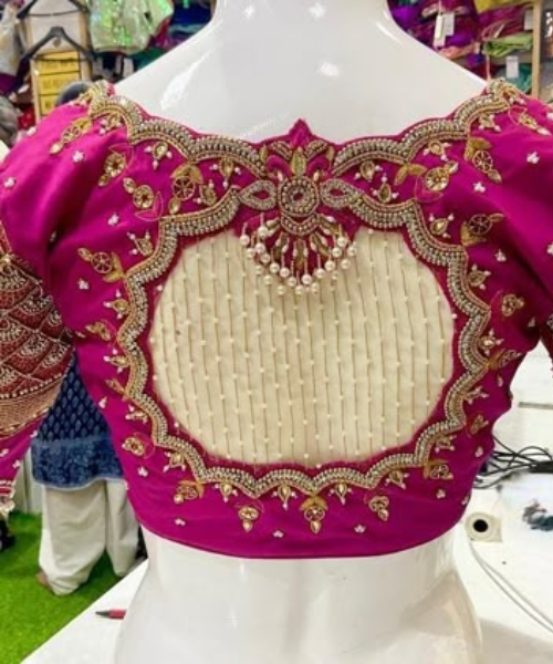 Oval Cutout Bridal Blouse with Pearl and Stone Embellishments