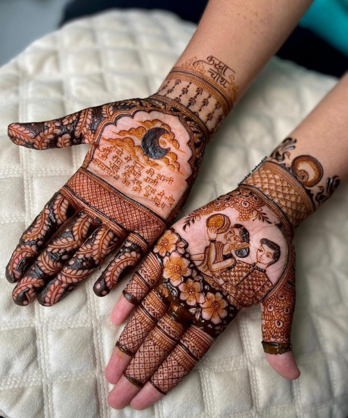 Mehndi Design with one hand with moon and other hand has couple drawn