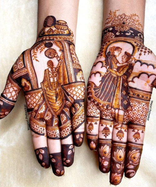 Both Hands with different Karwa Chauth related Mehndi