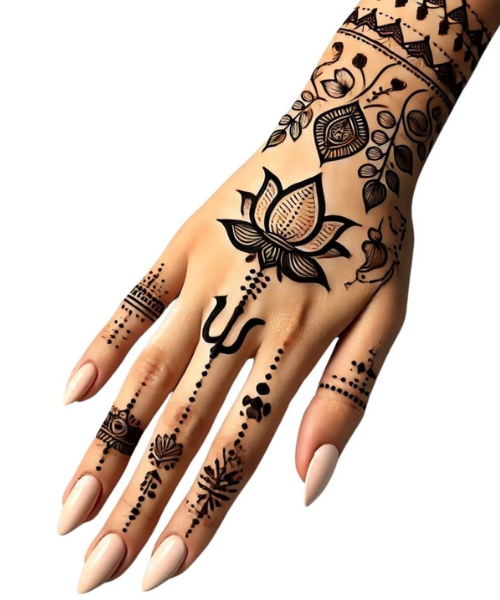 Backhand mehndi with trisula and lotus