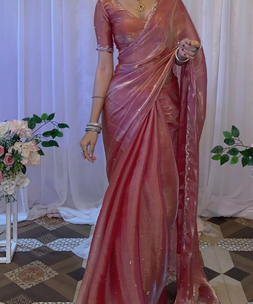 Plain Shimmery Light Pink coloured saree