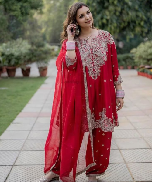 Red Coloured Kurta and Pajama with Silver Embroidery