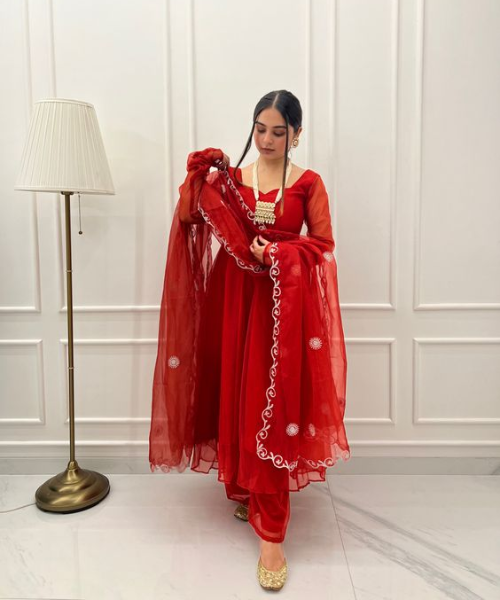 Red Coloured Simple Anarkali Set