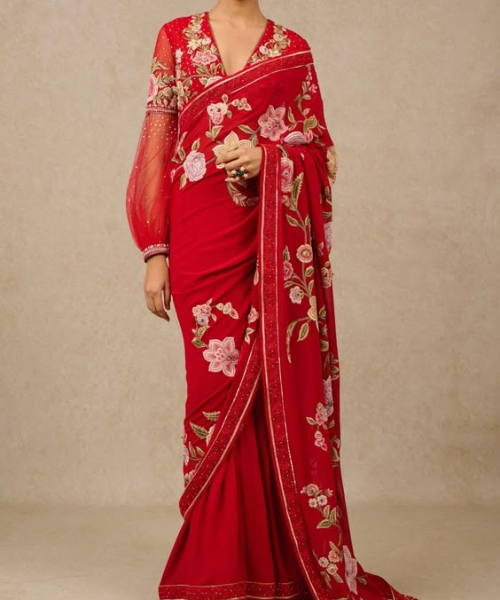 Red Coloured saree with flower embroided