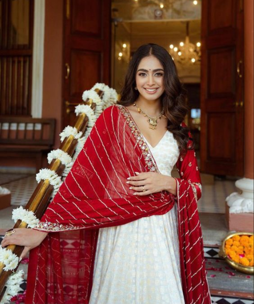 White A-line kurta with Red dupatta