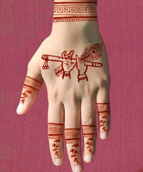 Back hand mehndi with Krishna flute in hands