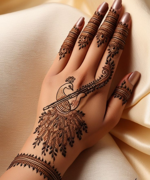 Back Hand Mehndi with Peacock and Flute