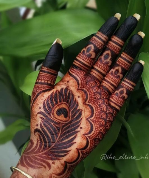 Front Hand Mehndi with Peacock Feather drawn