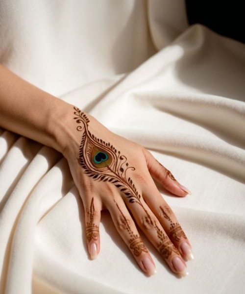 Back Hand Mehndi with peacock feather