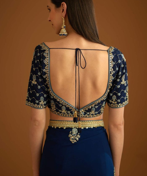 Navy Blue Brocade Blouse with deep back 