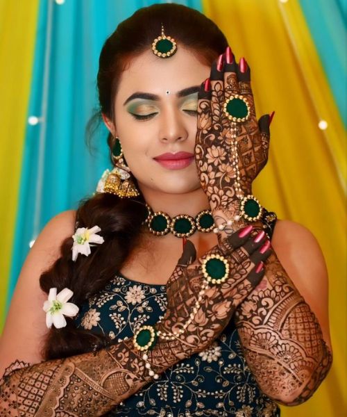 Bold Green Glam Mehndi Look