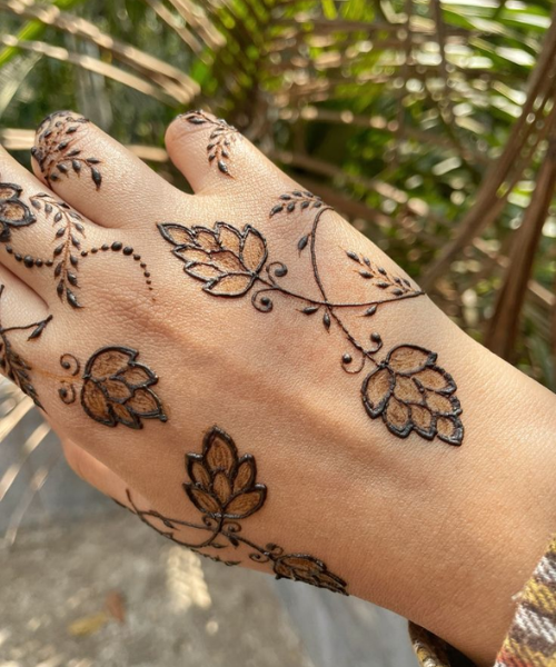 Back Hand Mehndi with vines with leaves