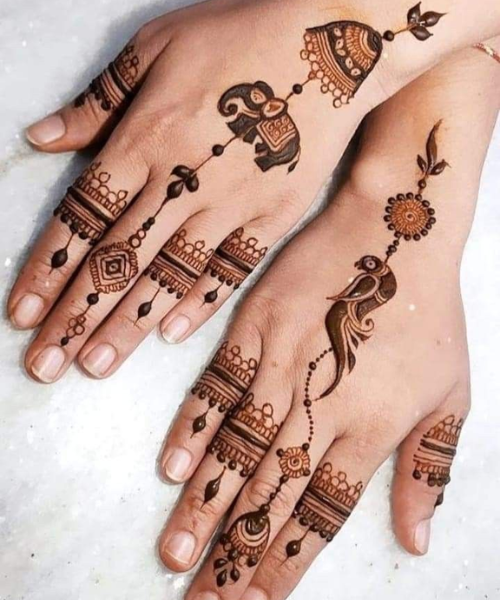 Back Hand Mehndi design with elephant and peacock motif