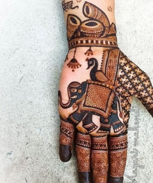 Regal Mehndi with Elephant and Peacock Motifs