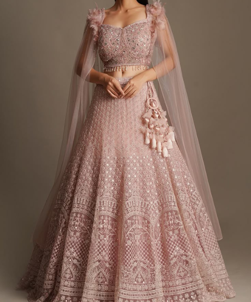 Blush Pink Cape Sleeve Embroidered Wedding Lehenga