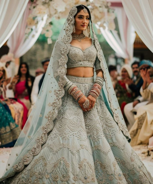 Elegant Ice Blue Embroidered Lehenga
