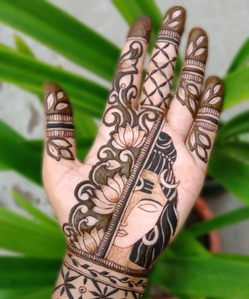 Elegant Shiva Face and Lotus Motif Mehndi Art