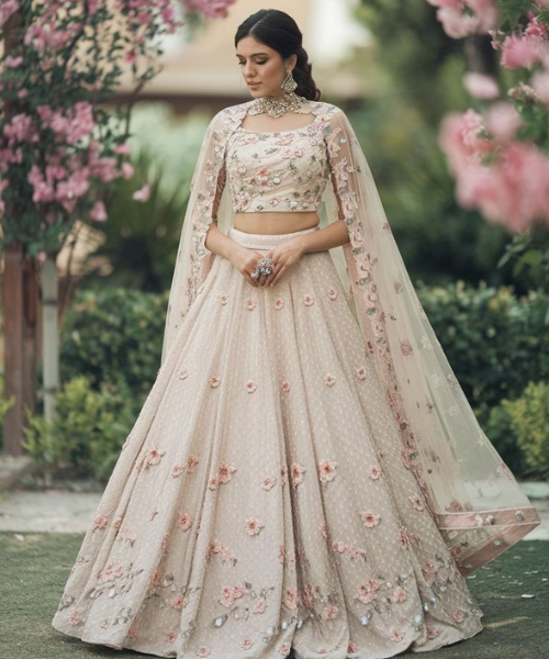 Floral Embroidered Cape Sleeve Beige Lehenga