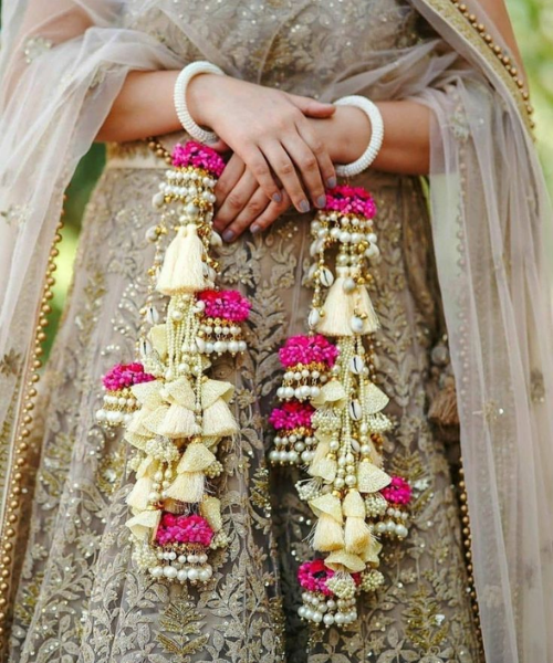 Floral Kalire with Pink Blooms & Golden Tassels