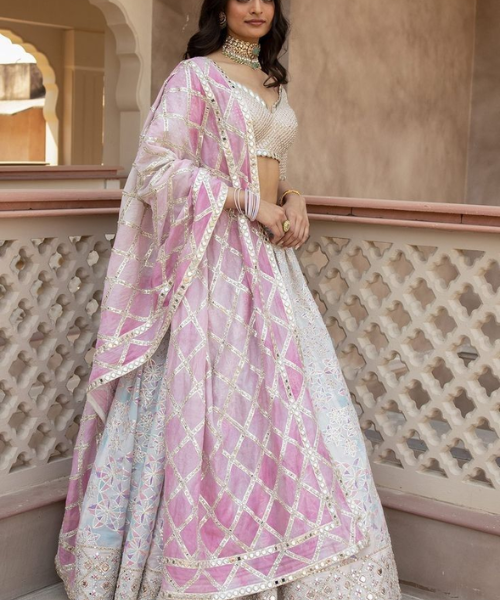 Graceful Pink and White Mirror-Work Lehenga