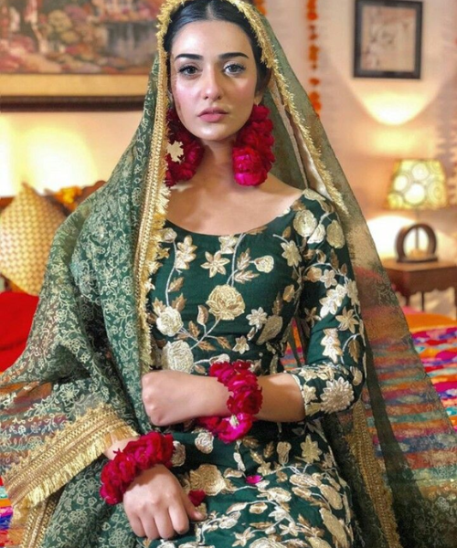 Green Floral Embroidered Suit with Red Accessories