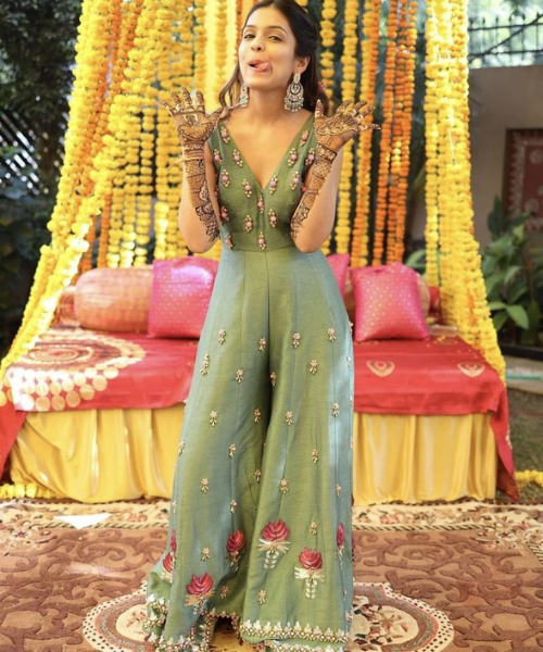 Green Jumpsuit with Rose Embroidery Accents