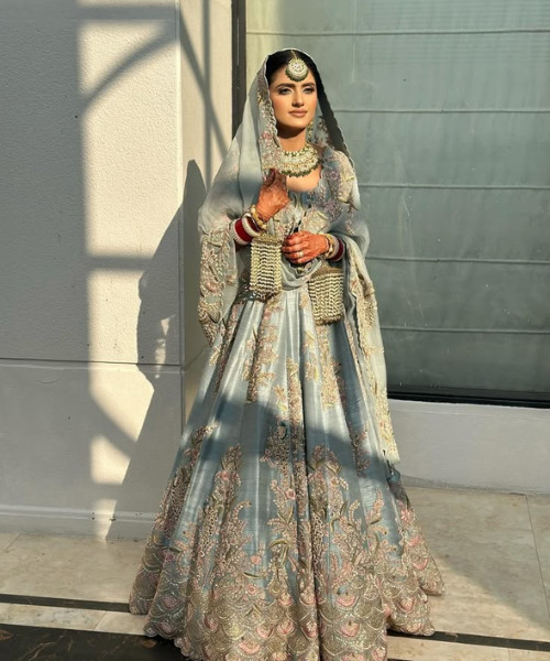 Ice Blue Embroidered Bridal Lehenga